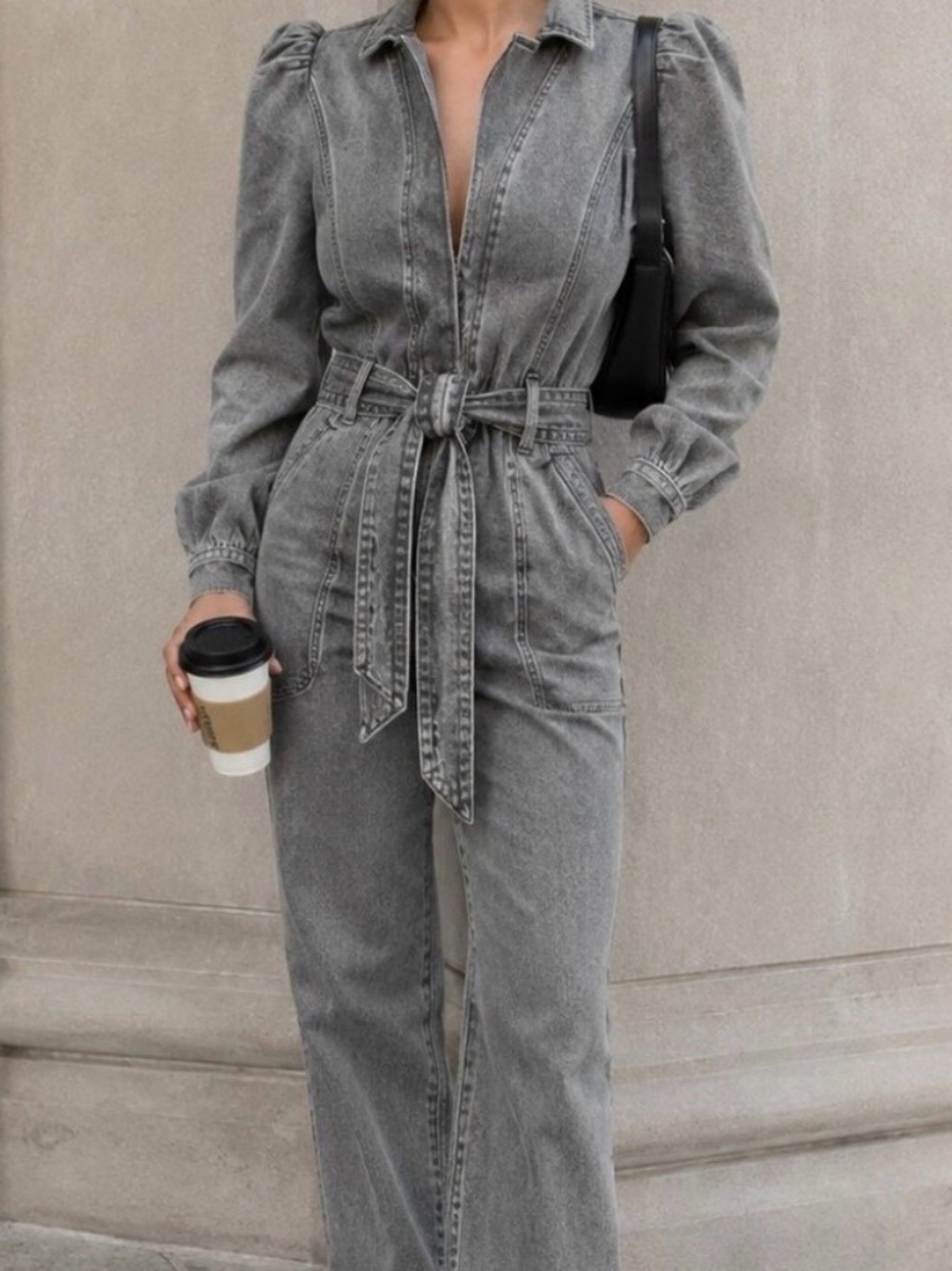 Express Gray Washed Denim Belted Wide-Leg Jumpsuit